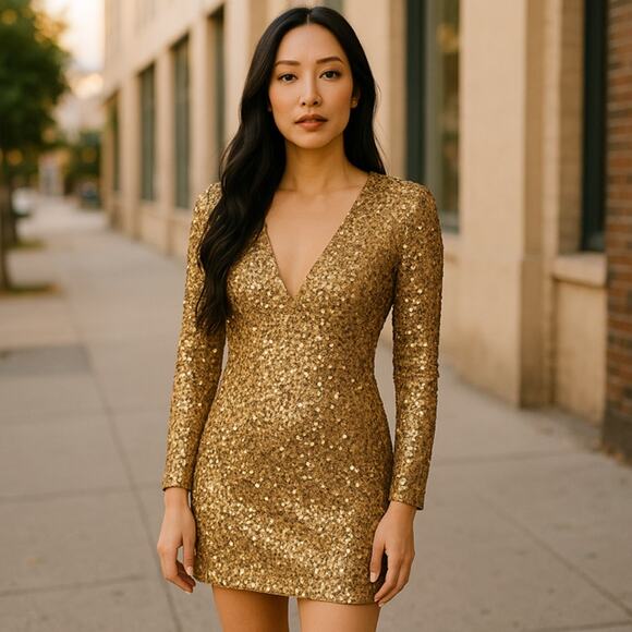 HUGO BUSCATI GOLD SEQUIN DRESS SIZE 8 100% SILK SHELL - Picture 1 of 9